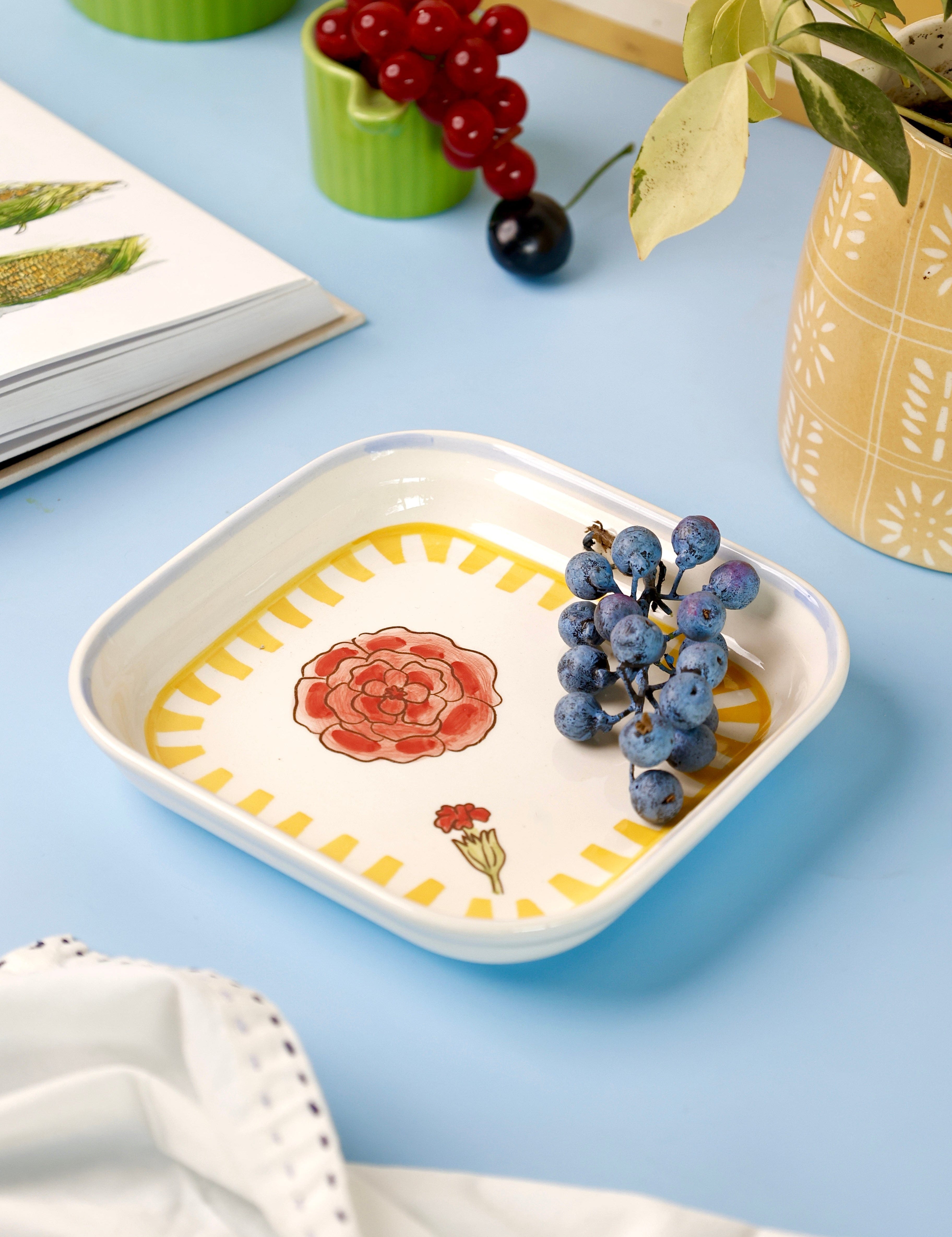 Stripe & Stem Square Snack Plates - Set of 4