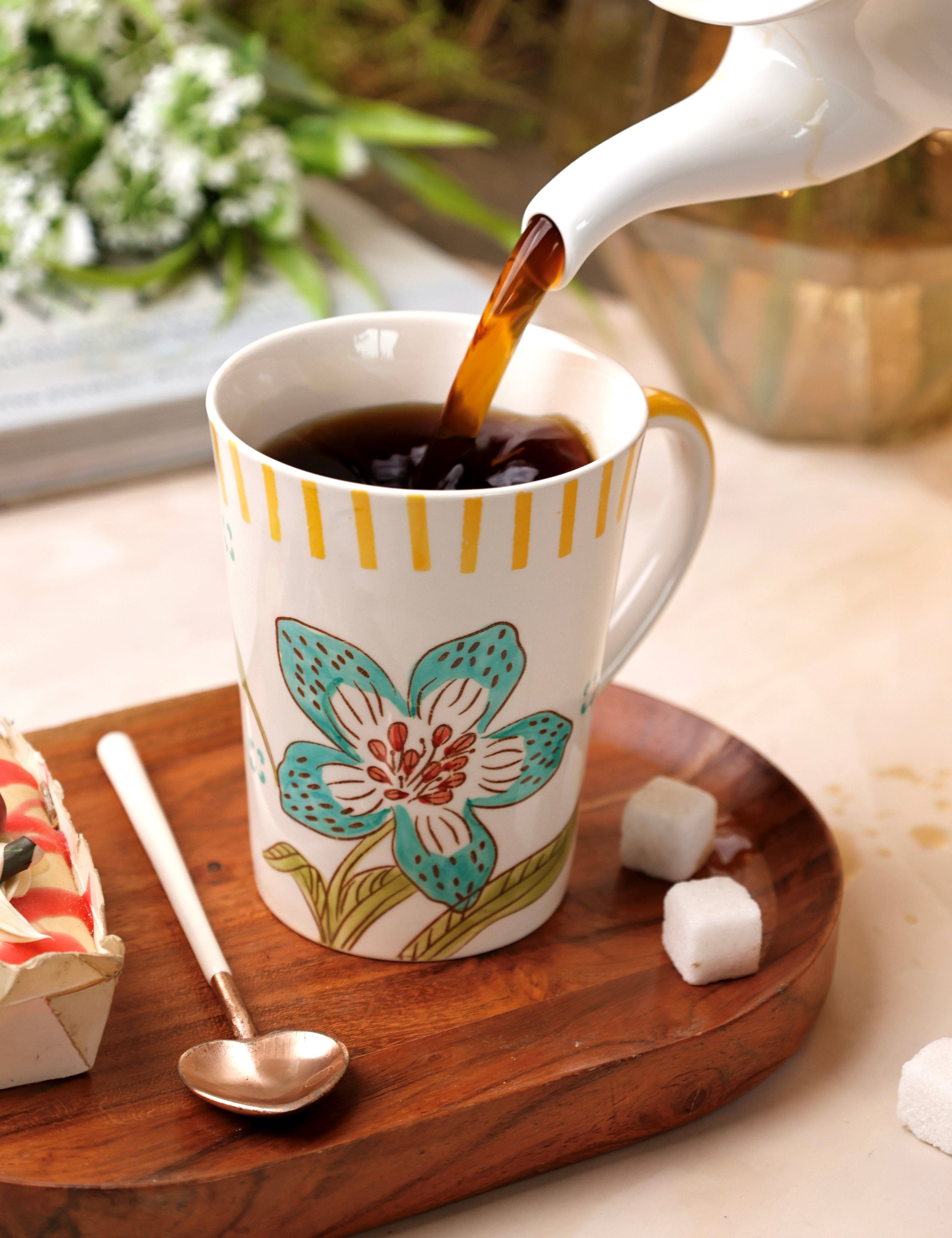 Stripe & Stem Tall Handpainted Ceramic Coffee Mug  355ml