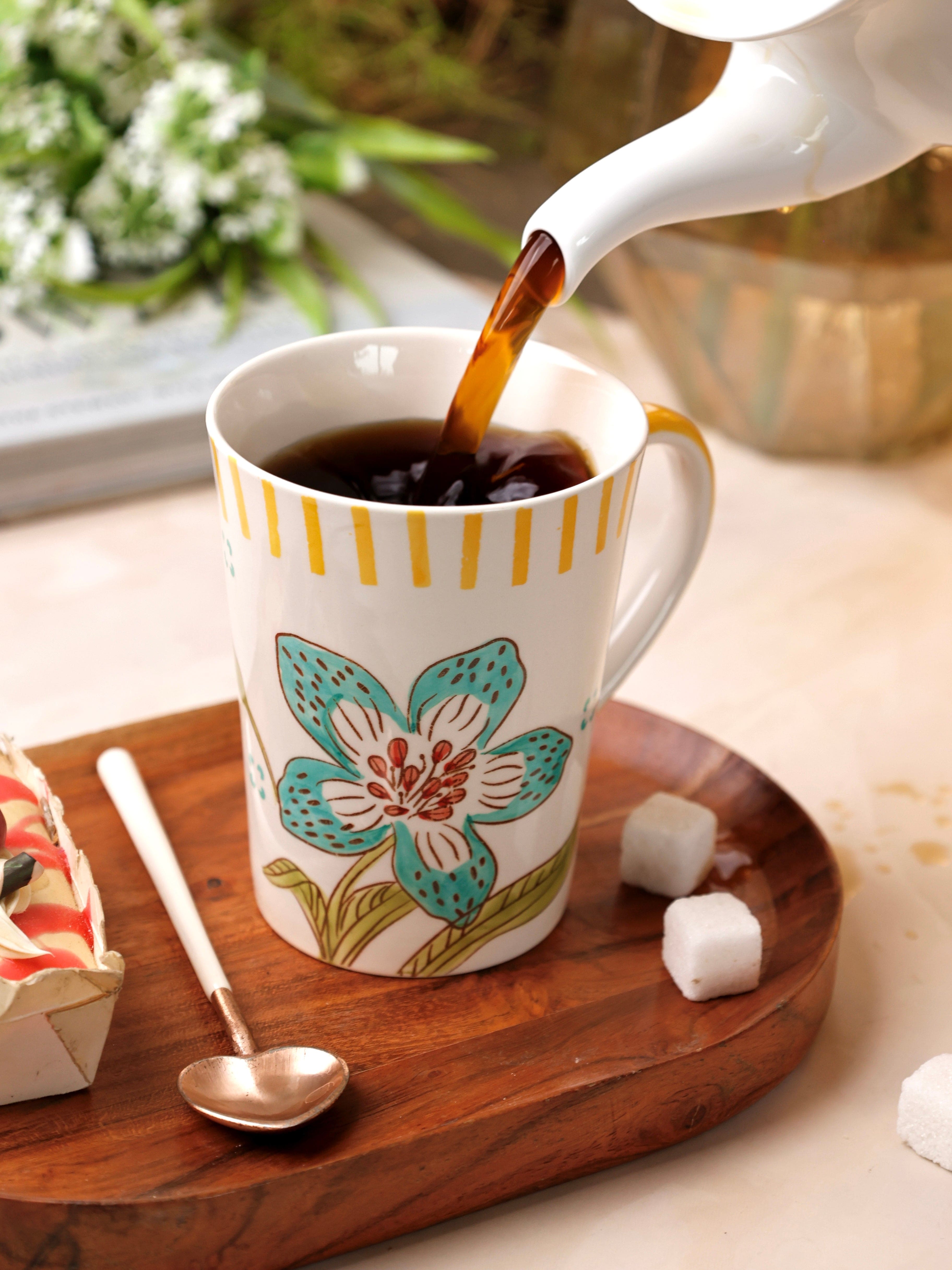 Stripe & Stem Tall Handpainted Ceramic Coffee Mug  355ml