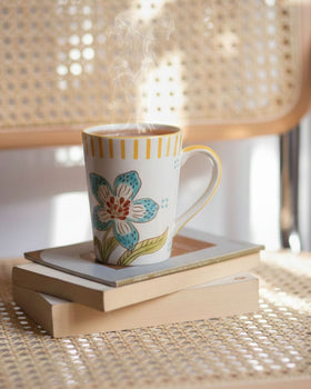 Stripe & Stem Tall Handpainted Ceramic Coffee Mug  355ml