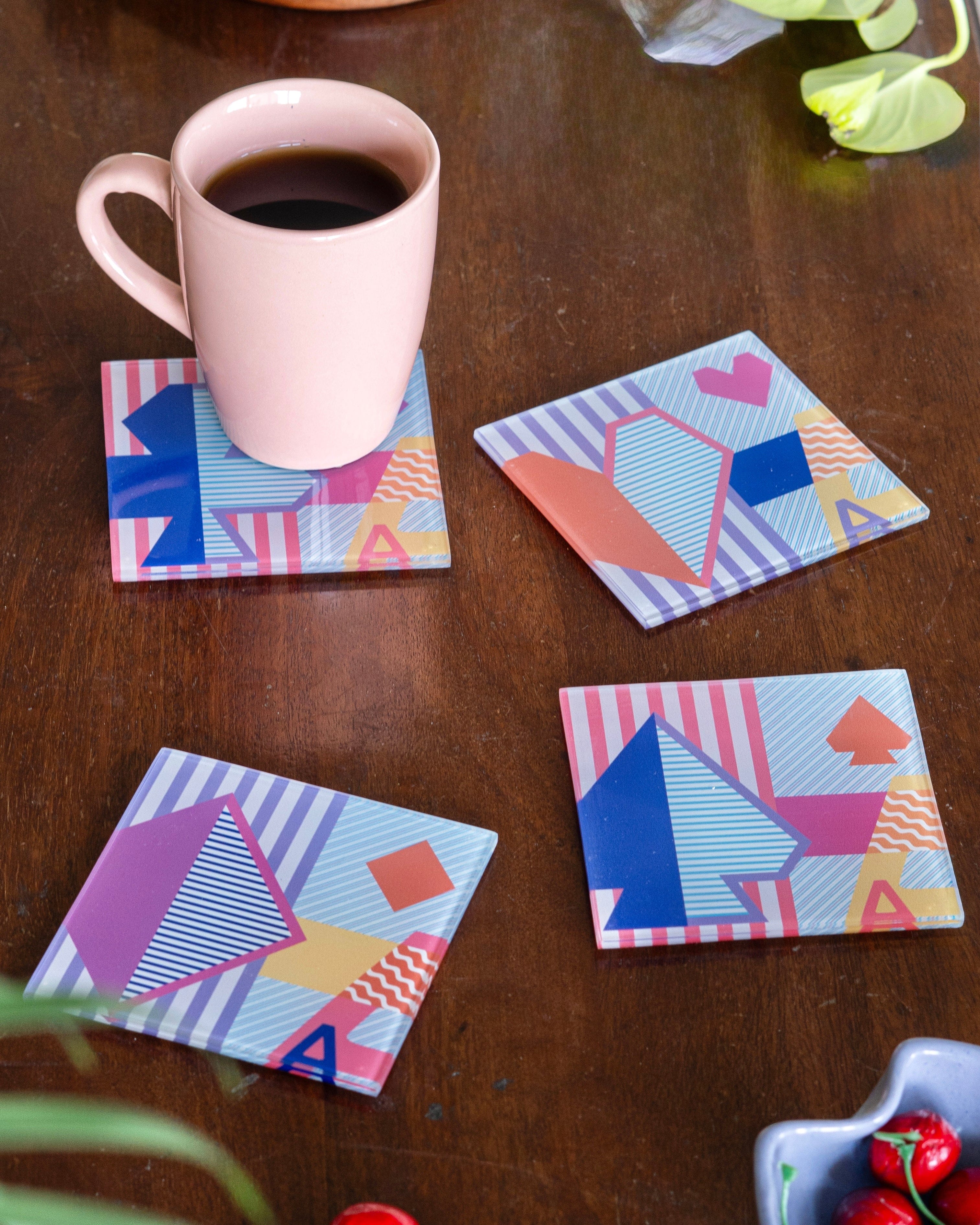 Table linen & Accessories Ace Toughened Glass Coasters - Set of 4 - Pink
