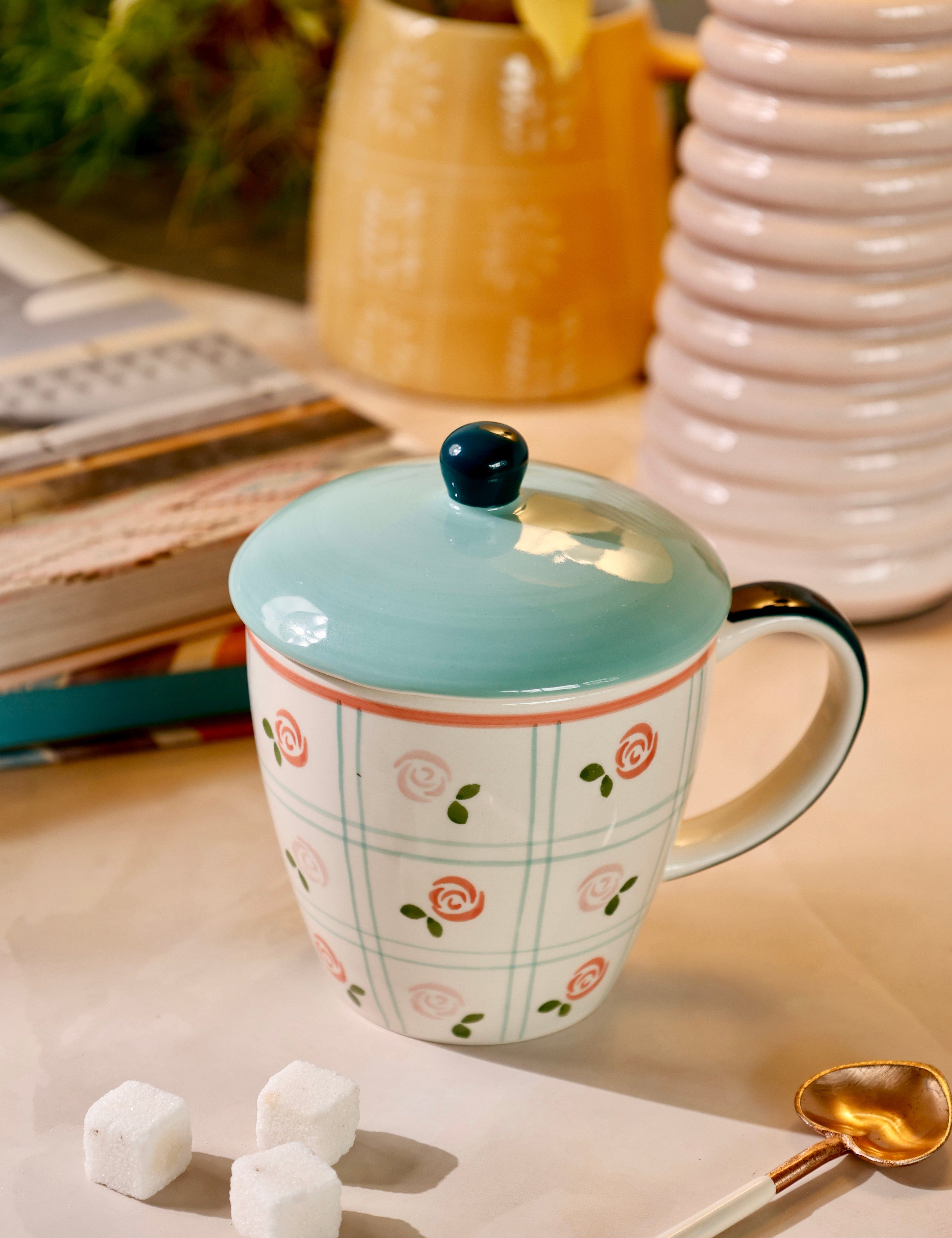 Tea Garden Handpainted Ceramic Coffee Mug with Lid 385ml