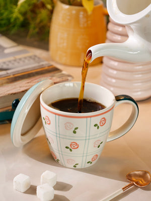Tea Garden Handpainted Ceramic Coffee Mug with Lid 385ml