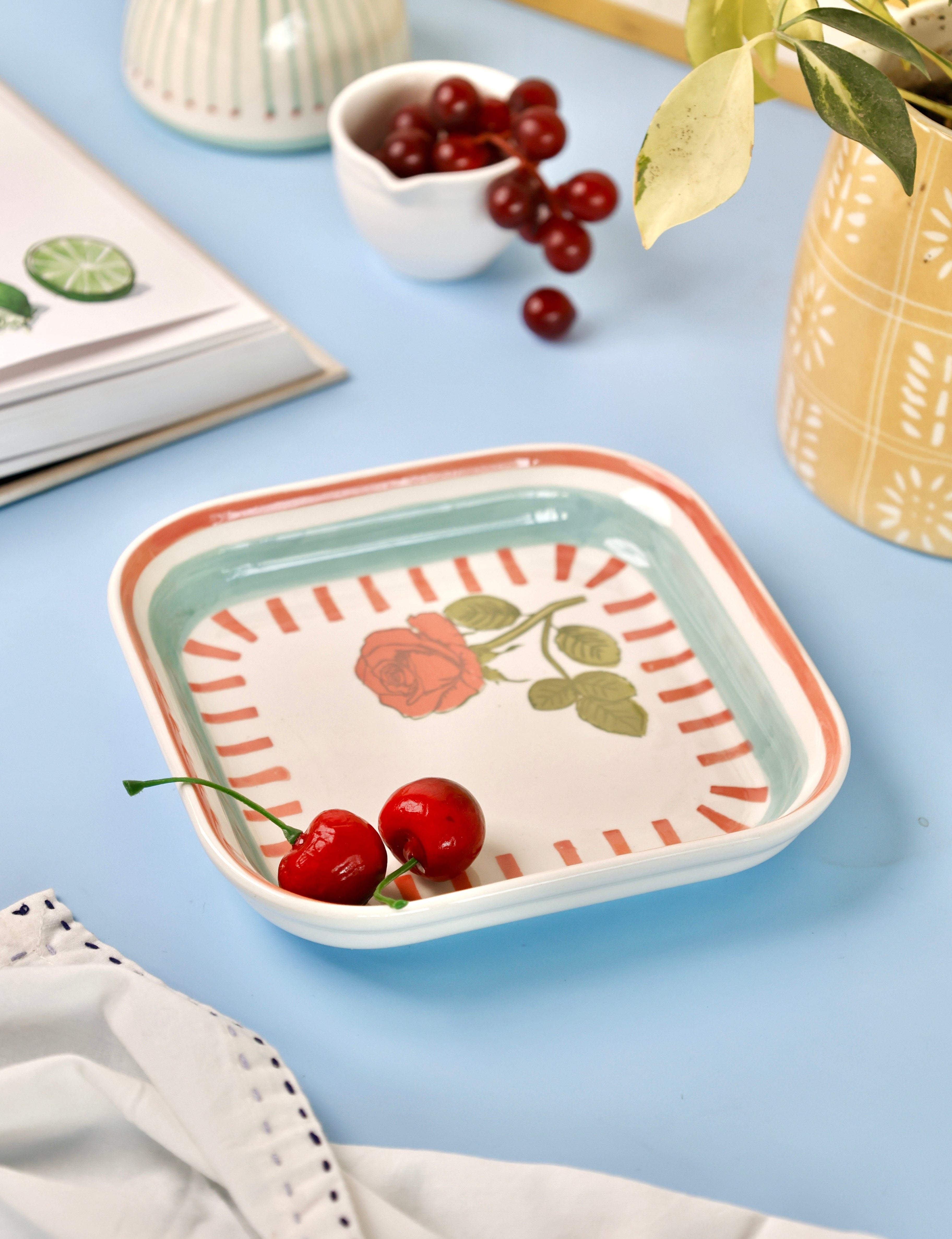 Tea Garden Handpainted Ceramic Square Snack Plate 15.5 cm