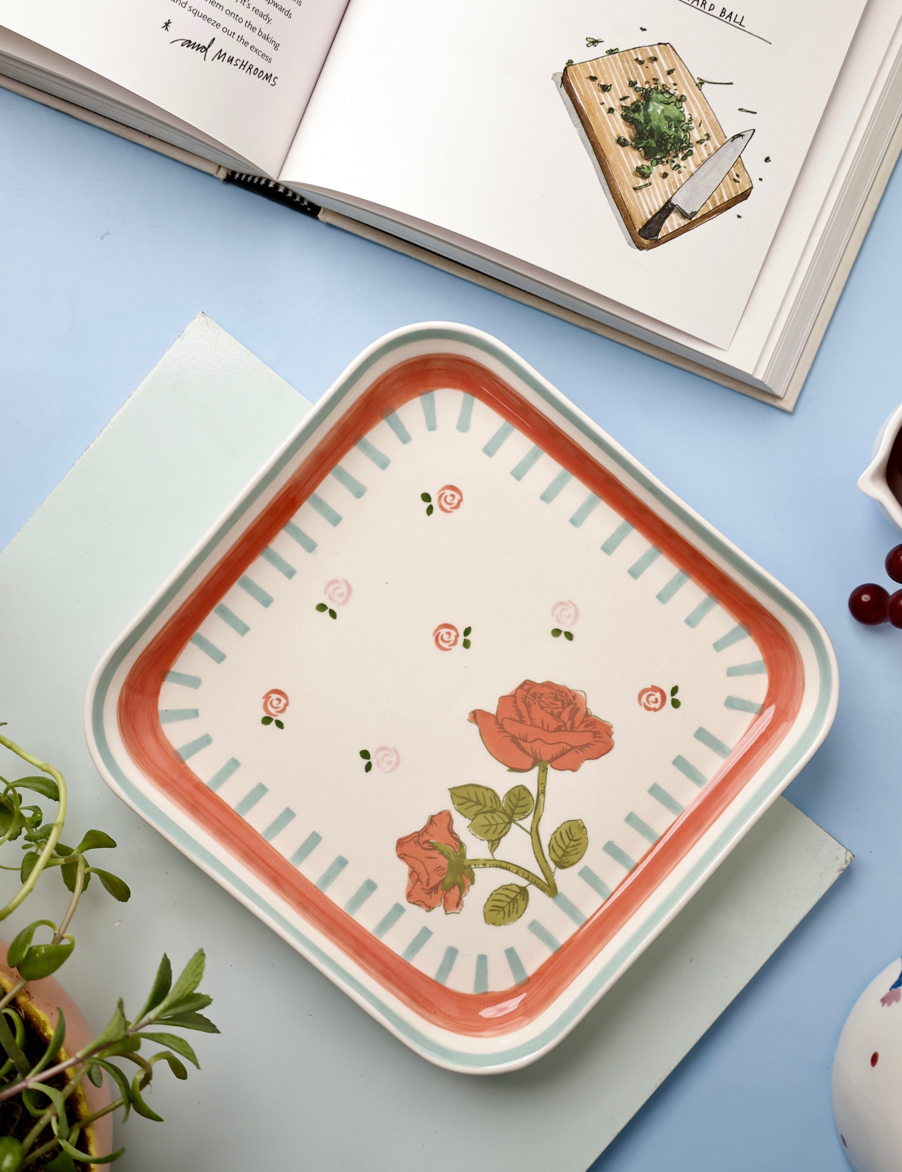 Tea Garden Handpainted Square Platter 20.5 cms