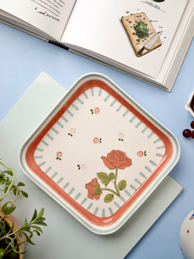 Tea Garden Handpainted Square Platter 20.5 cms