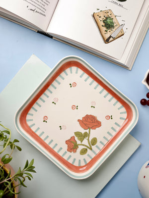 Tea Garden Handpainted Square Platter 20.5 cms
