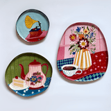 Tea Time Story metal wall plates, set of 3, with coffee, gramophone and teapot motifs | The Wishing Chair