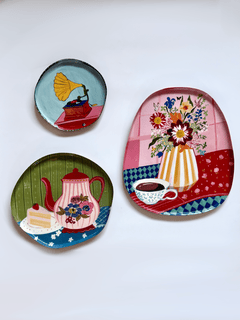 Tea Time Story metal wall plates, set of 3, with coffee, gramophone and teapot motifs | The Wishing Chair