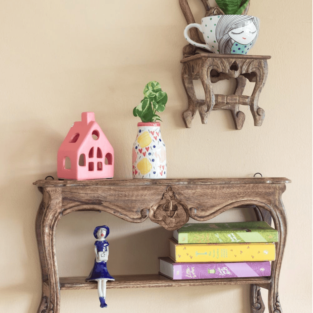 Alice mini table and chair wooden wall shelves with vintage carved design | The Wishing Chair