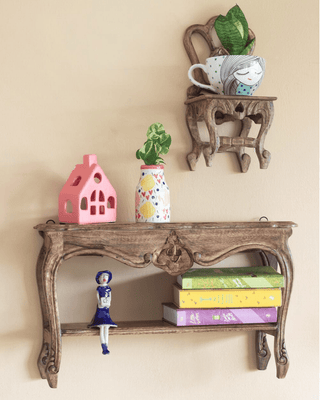 Wall Decor Combo: Alice Mini Table + Chair Handcrafted Wooden Wall Shelf