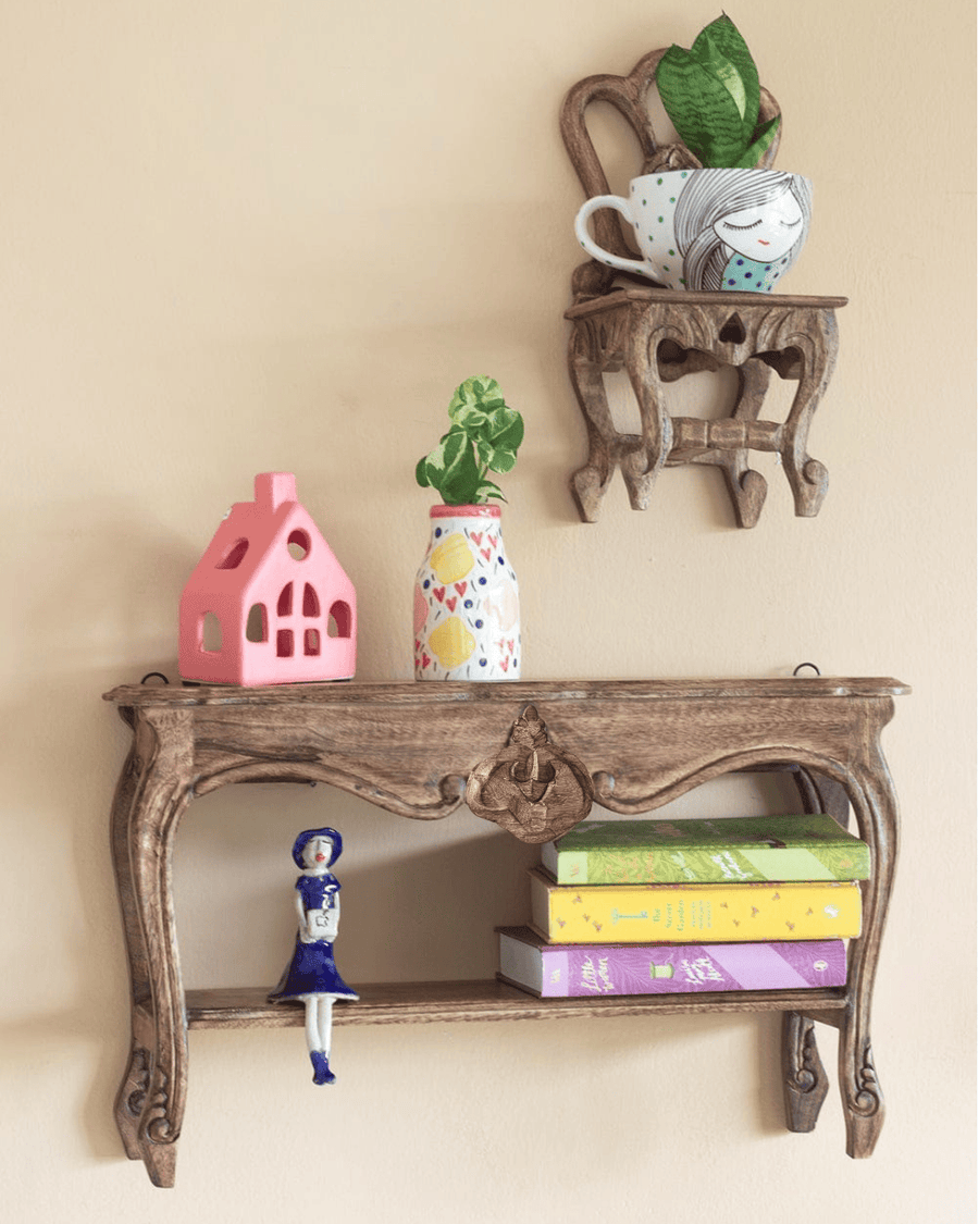 Alice mini table and chair wooden wall shelves with vintage carved design