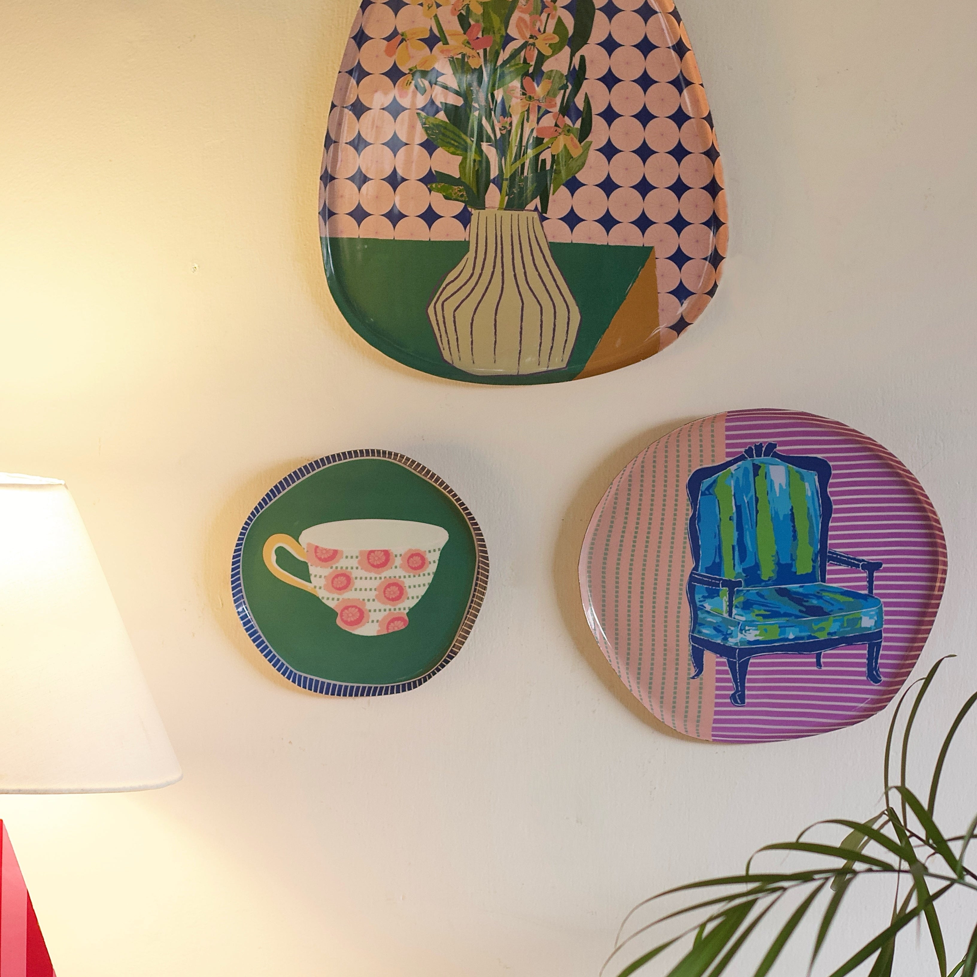 Still Life metal wall plates, set of 3, with teacup, chair and floral vase motifs | The Wishing Chair