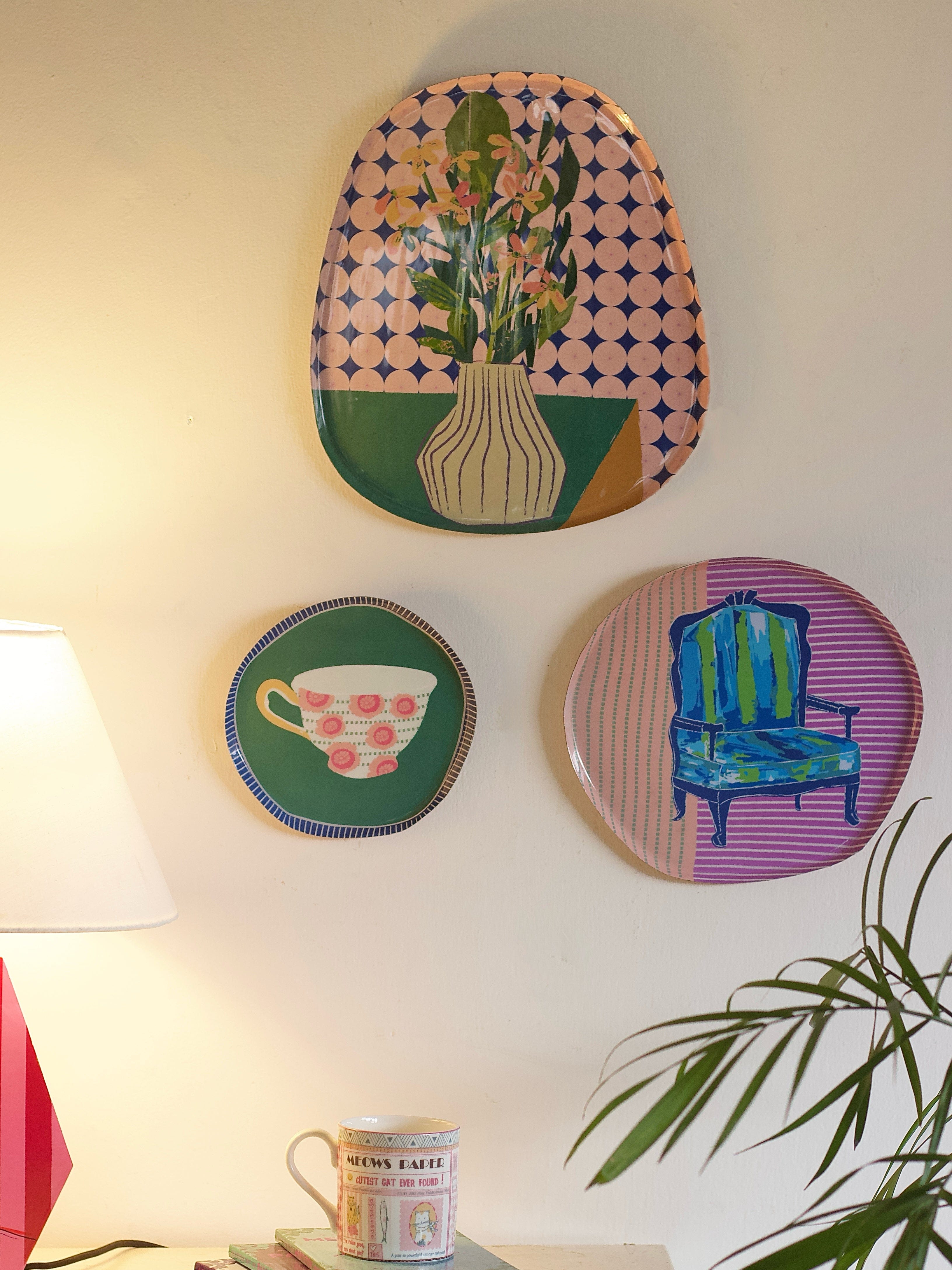 Still Life metal wall plates, set of 3, with teacup, chair and floral vase motifs | The Wishing Chair