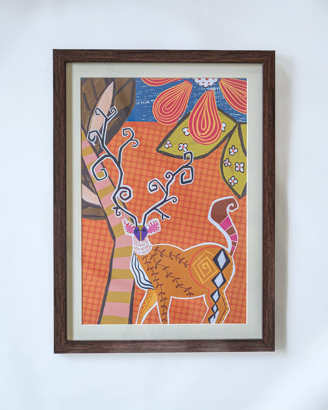 Wooden Frame Modern Stag Sketch with Wooden Framing