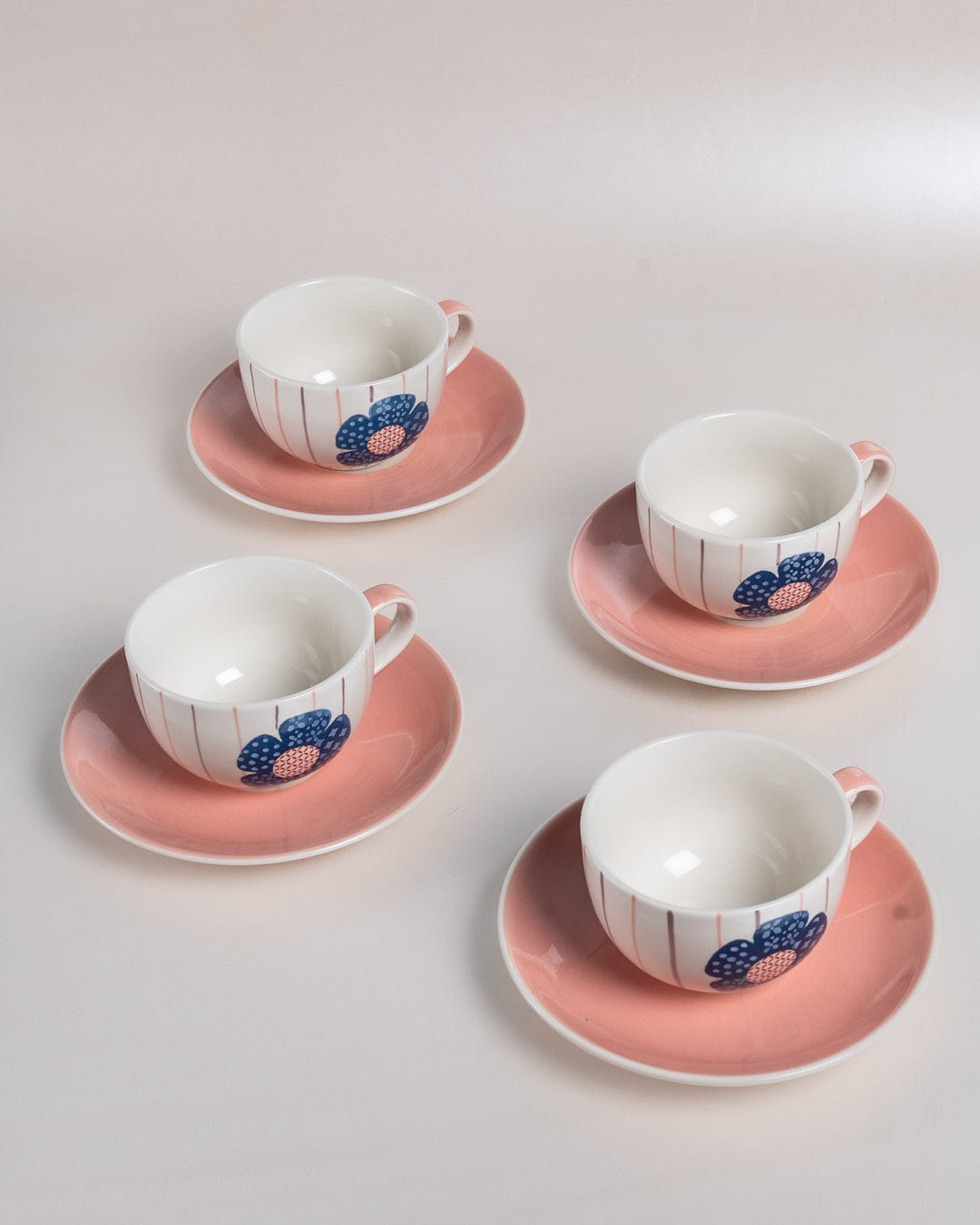 Zinnia Handpainted Ceramic Teacup & Saucer -Set of 4