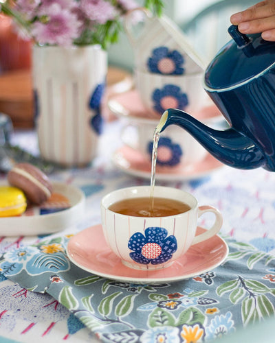 Zinnia Handpainted Ceramic Teacup & Saucer -Set of 4