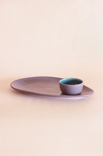 Bisque Ceramic Oval Platter with Dip Bowl