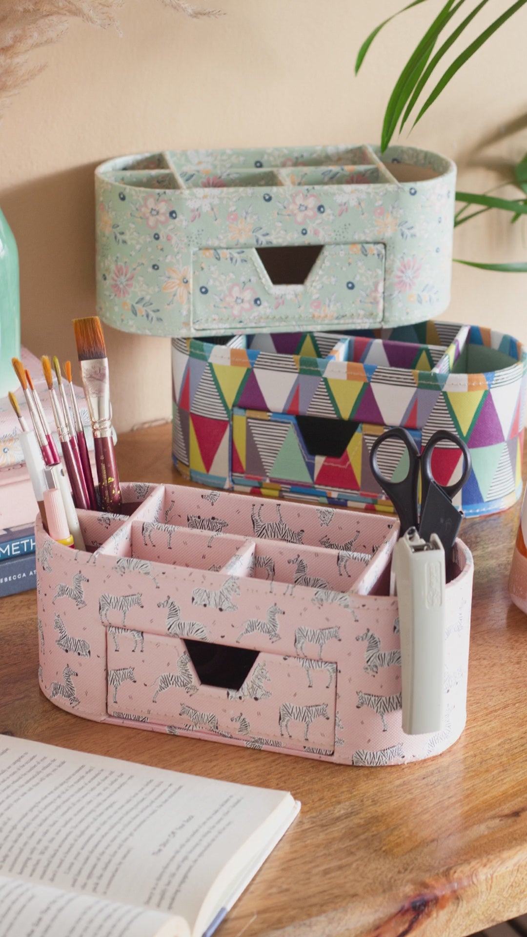 Pearlised Paper Leather 7 in 1 Desk Organiser - Pink Safari