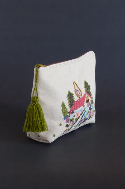 House on a Hill Embroidered Pouch