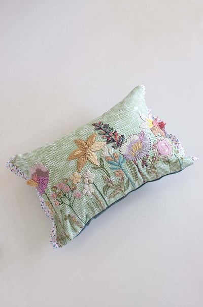 Lila Hand Embroidered Cushion Cover- Mint Green