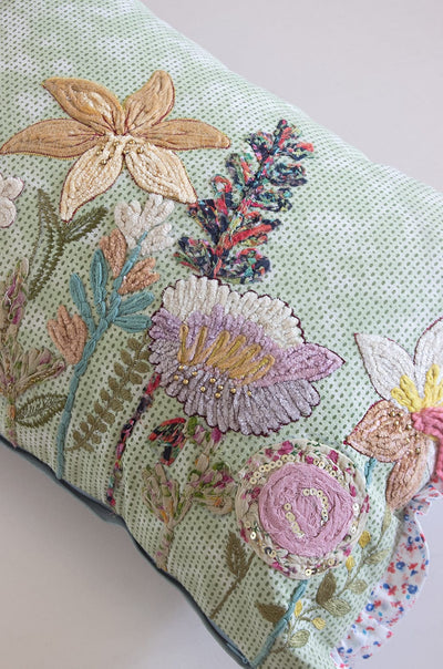 Lila Hand Embroidered Cushion Cover- Mint Green