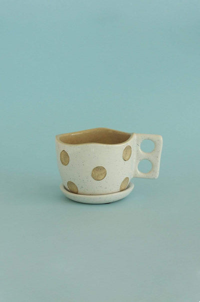 Madhatter Polka Dot Tea Cup White Planter