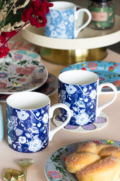 Navy Blue Florentina Fine China Tea Mugs- Set of 2
