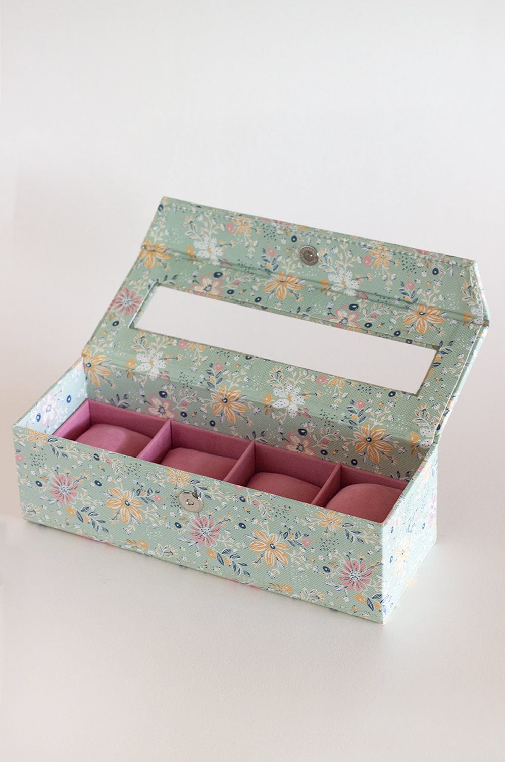 Pearlised Paper Leather Watch Box with 4 compartments- Mint Magnolias