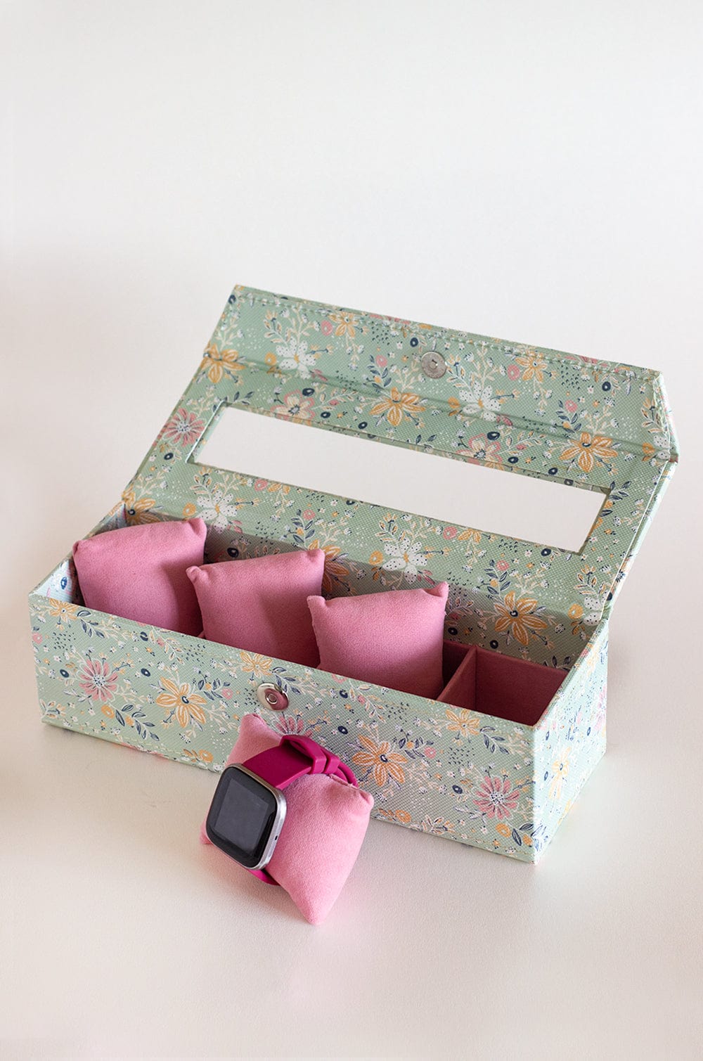 Pearlised Paper Leather Watch Box with 4 compartments- Mint Magnolias