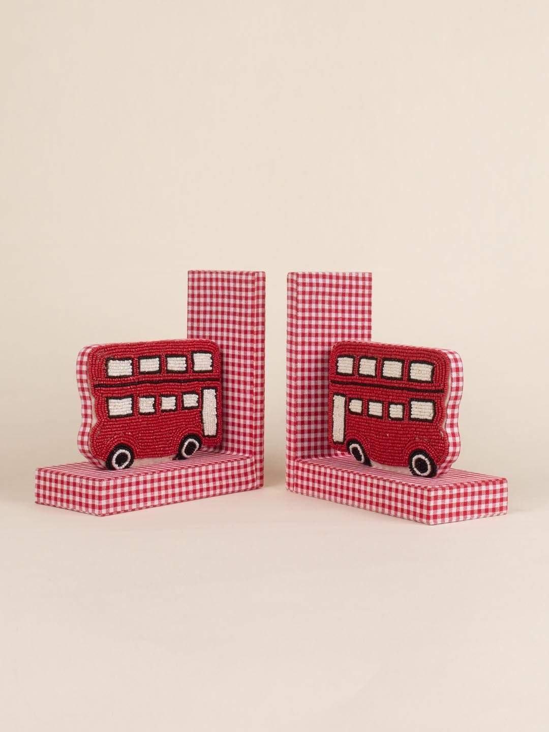 Red Bus Beaded Embroidery Bookends