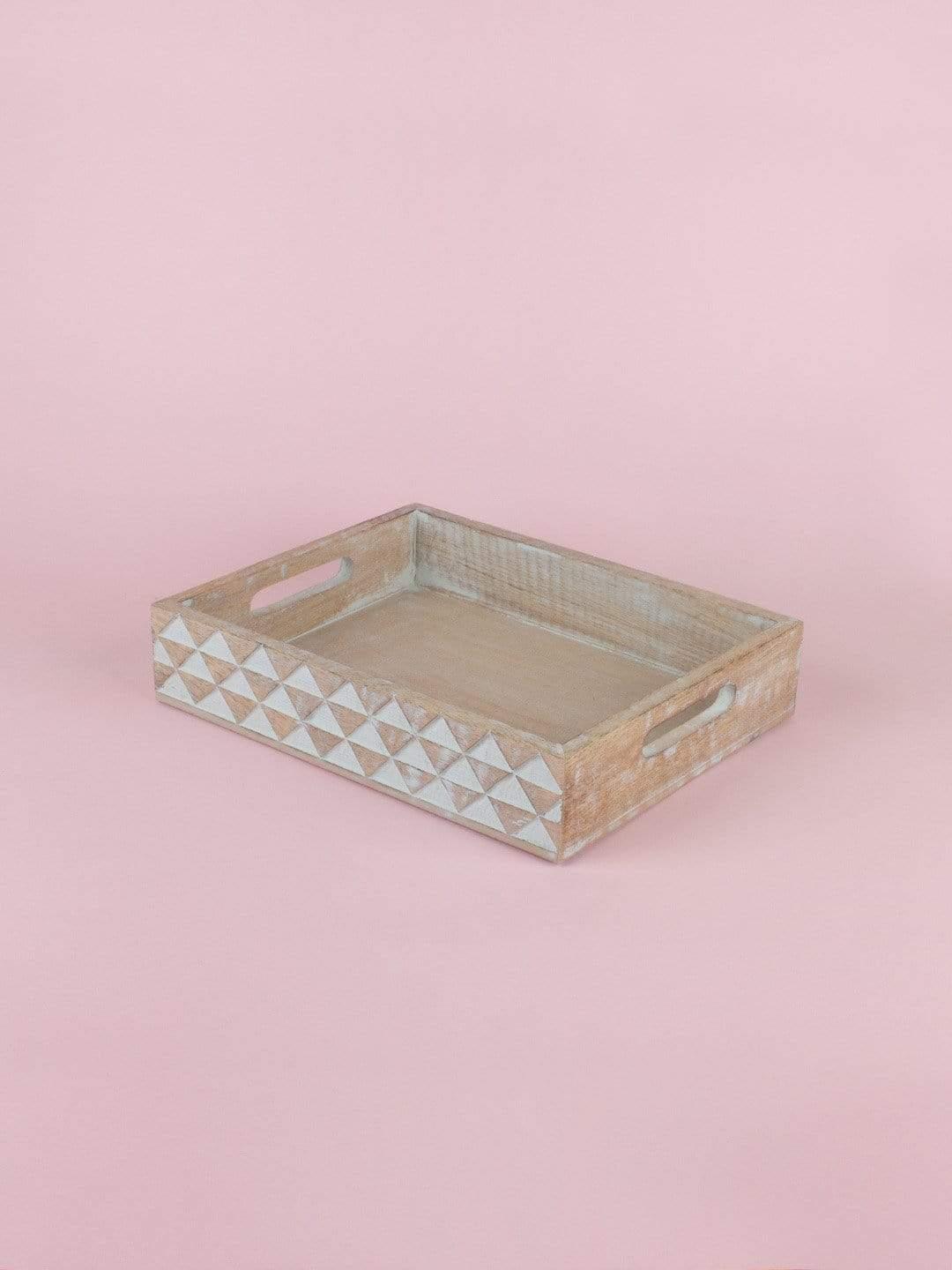 Pyramid Wooden Trays - Set Of 2Material: MANGO WOOD &amp; MDF
Dimensions: Large - 14L x 10W x 2H Inch ; Small - 10.25L x 8.25W x 2H Inch

Don't wash, Use a slightly damp cloth to clean. Wipe dry. Pyramid Wooden Trays - SetThe Wishing Chair