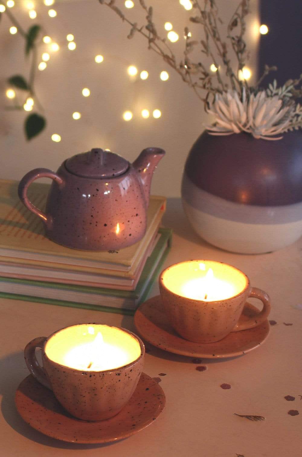 Teapot & Teacup Saucers Diyas - Pink & Purple - Set of 3