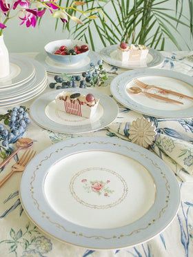   Vintage Rose Dessert Plates Set of 6 -Powder Blue - Vintage Rose Dessert Plates Set of 6 -Powder Blue - The Wishing Chair  - Vintage Rose Dessert Plates Set of 6 -Powder Blue - The Wishing Chair 