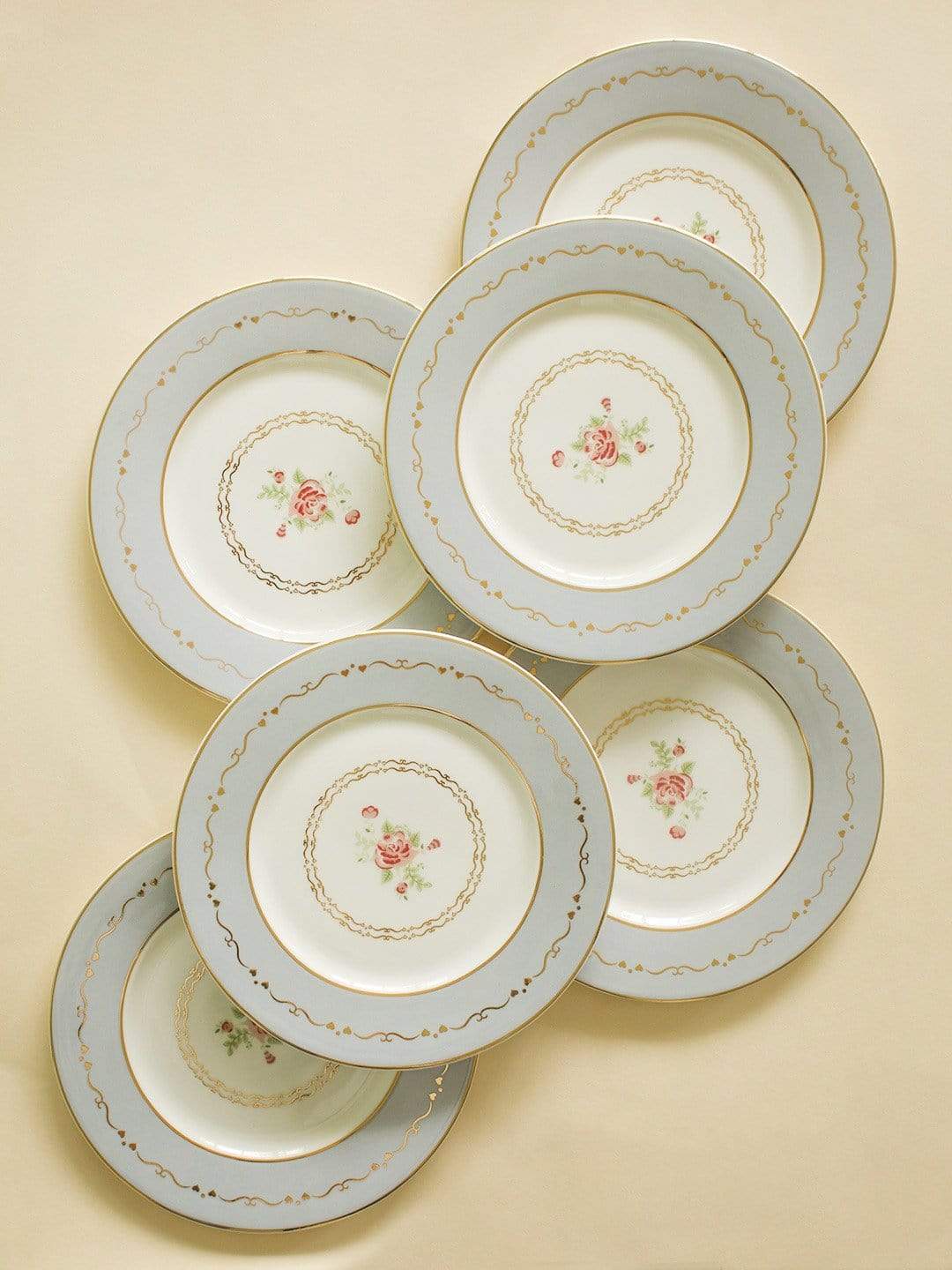 Vintage Rose Dessert Plates Set of 6 -Powder Blue