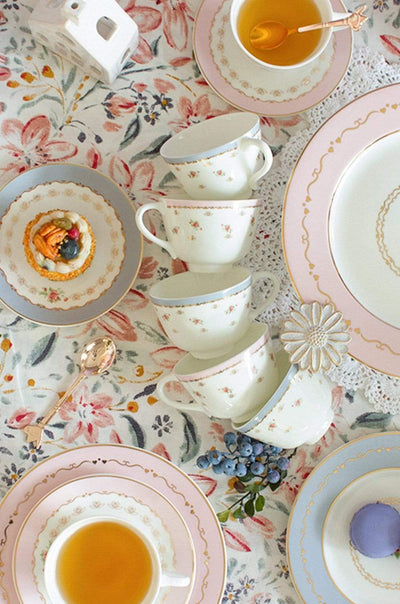 Vintage Rose Tea Cup & Saucer Set of 6 - Blossom Pink