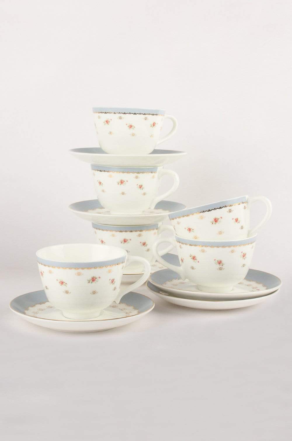 Vintage Rose Tea Cup & Saucer Set of 6 - Powder Blue
