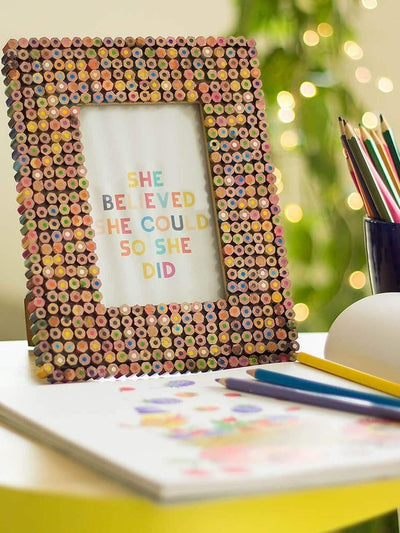 Color Pencils Photo FrameMaterial: Made of Colored Pencils and Glass
Dimensions: Frame Size - 3L x 1W x 19H CMPhoto Size - 10L x 10H CM

Do not wash, Wipe dry, Keep away from dust and moistuColor Pencils Photo Frame