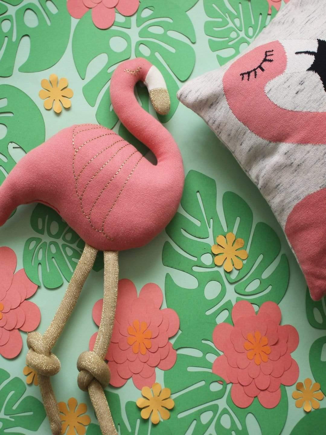 Flamingo Knitted Cotton Cushion CoverMaterial:

97% Cotton 
3% lurex - Knitted Cotton

Dimensions:

35 cm x 35 cm, Width - 0.2 Cm
 Weight- 145 Grams 
Flamingo Knitted Cotton Cushion CoverThe Wishing Chair