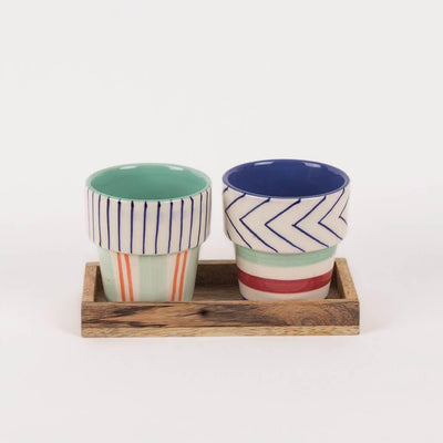 Planter- Set of 2 With Wooden TrayMaterial: Ceramic &amp; Wood
Dimensions: 3"D inch x 3.5"H inch.

 Planter- Set
