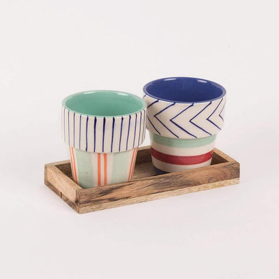 Planter- Set of 2 With Wooden TrayMaterial: Ceramic &amp; Wood
Dimensions: 3"D inch x 3.5"H inch.

 Planter- Set