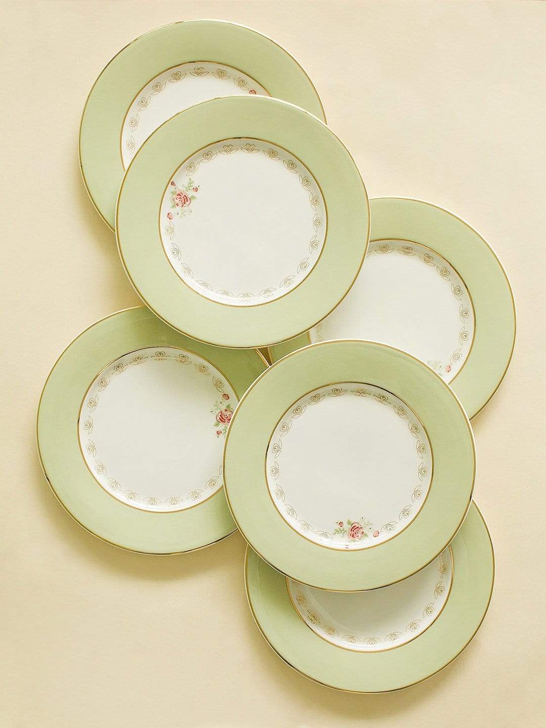 Vintage Rose Dessert Plates Set of 6 - Mint Green