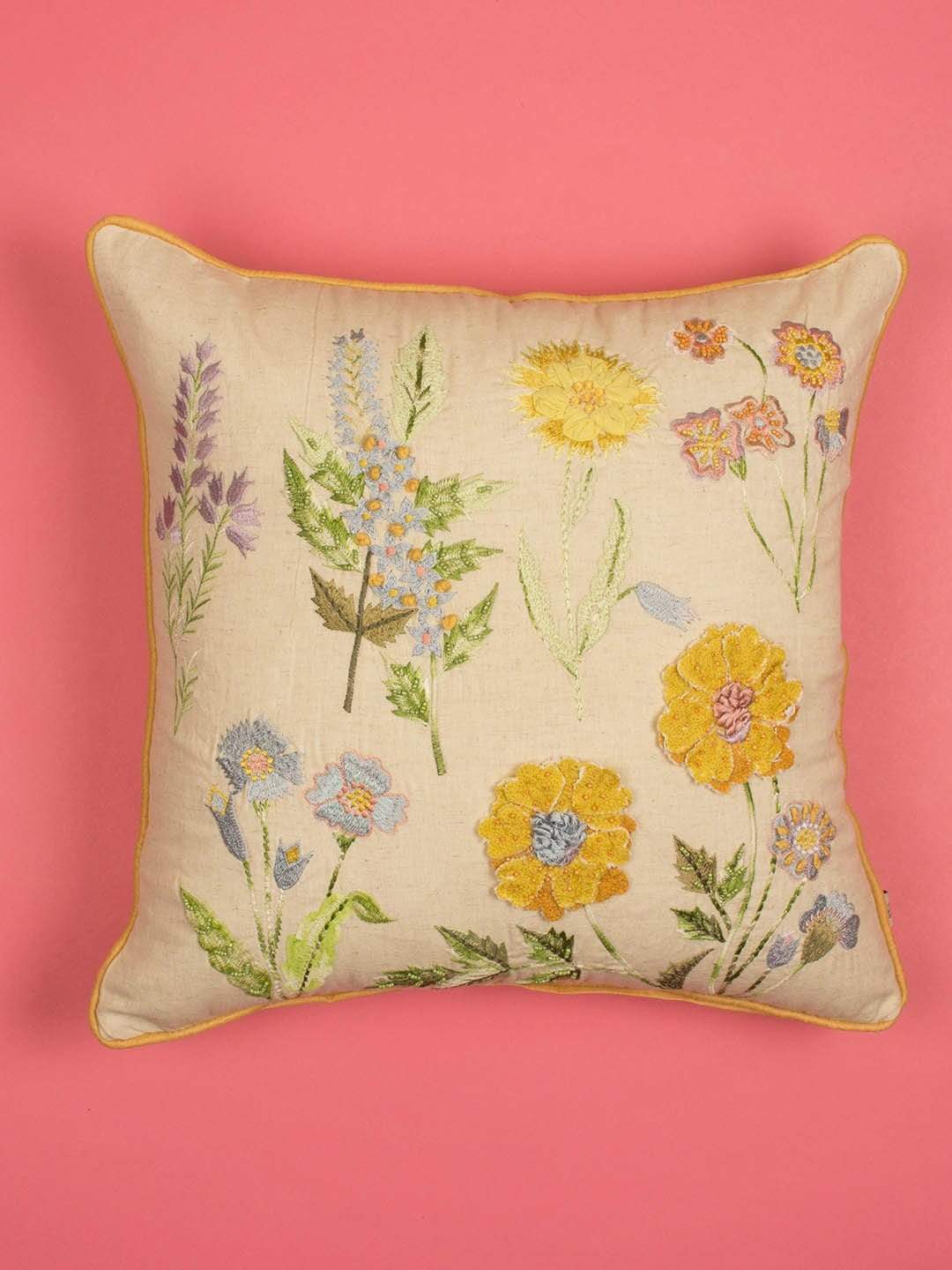 Yellow Daisy Embroidered Cushion Cover